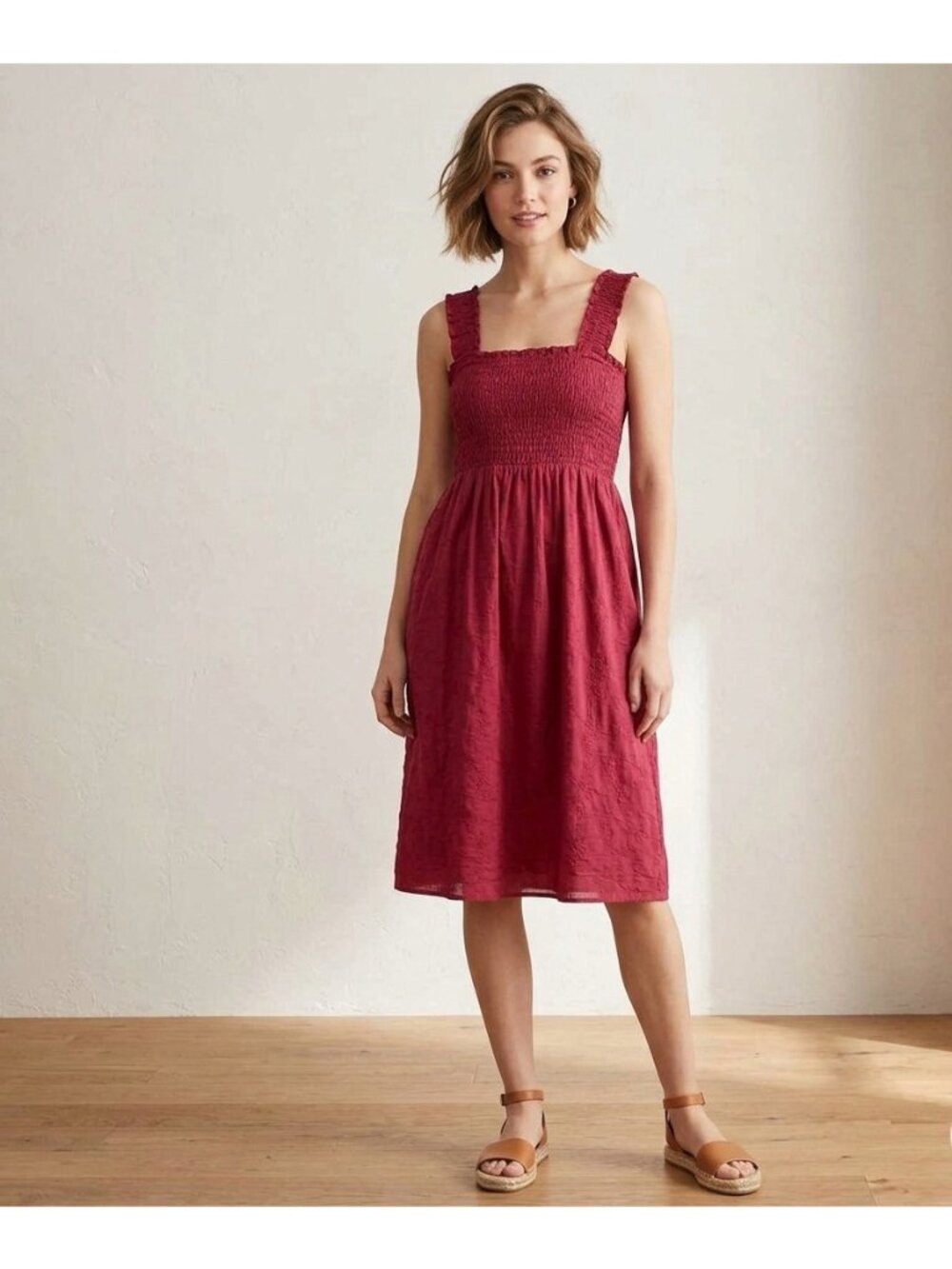 Sonoma Sleeveless Dress Womens M Red Floral Embroidered Smocked Sundress NEW